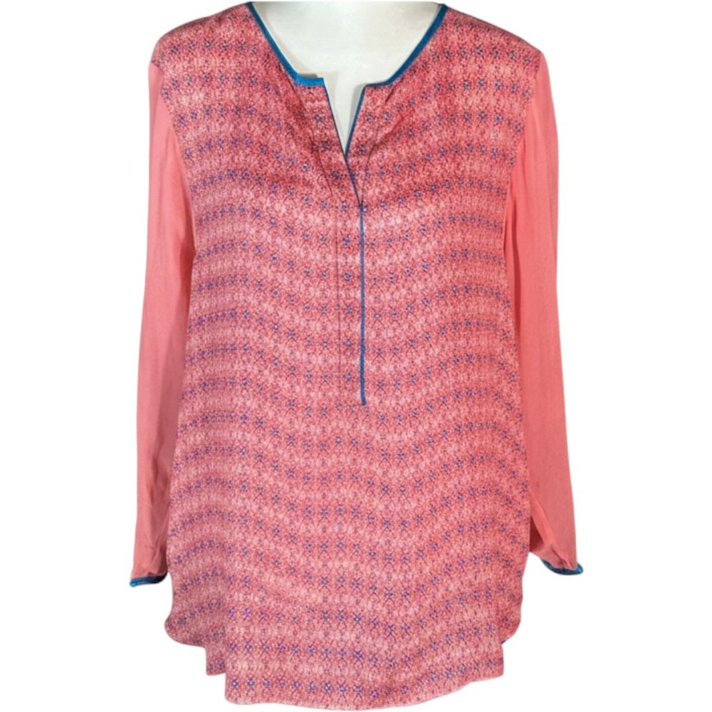 Sundance Blouse Women XL Coral Aqua Silk Geometric Print Split Neck Long Sleeve